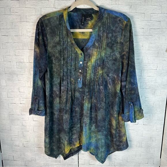 New direction tie-dye3/4 sleeve quarter button pleated bohemian hippie plus size - Picture 1 of 9